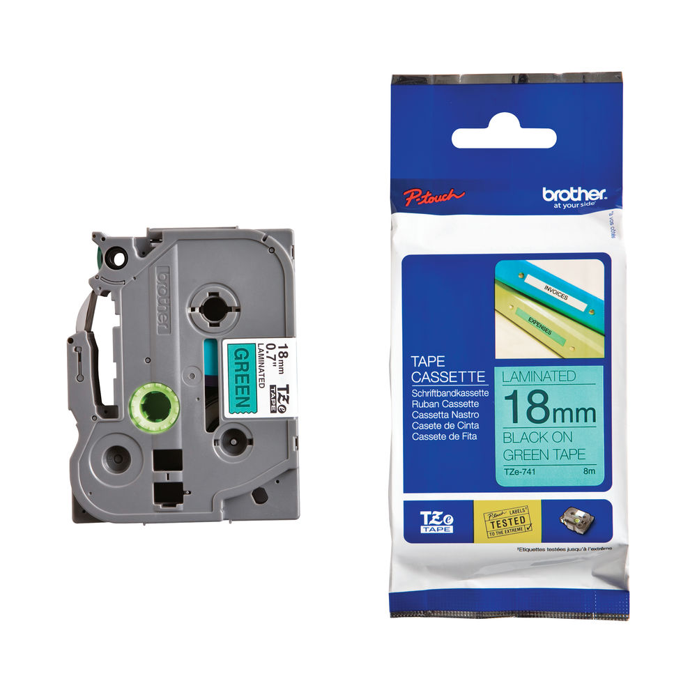 Brother TZE741 18mm Black on Green Gloss P-Touch Tape (TZ Series)