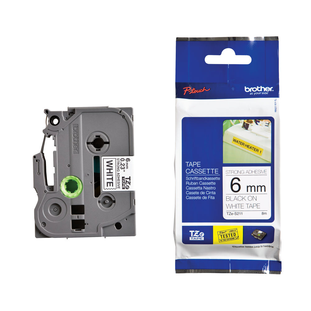 Brother TZES211 6mm Black on White Strong P-Touch Tape (TZ Series)