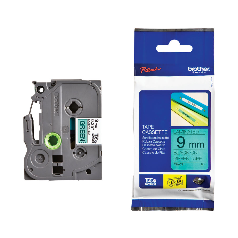 Brother TZE721 9mm Black on Green Gloss P-Touch Tape (TZ Series)